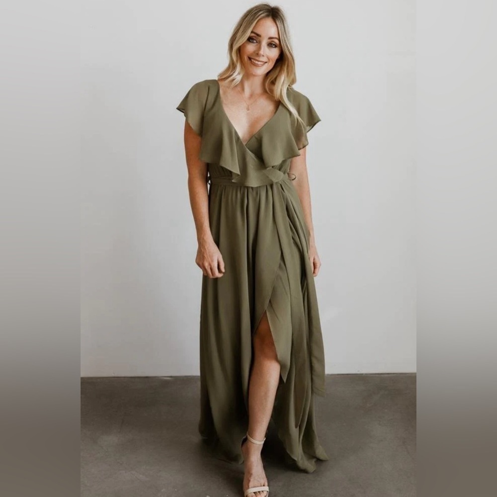 Katya Ruffle Maxi Dress Olive Green Size M